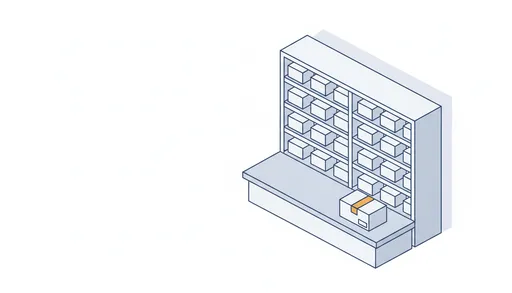 Illustration: a pharmacy dispensing shelf with plain boxes and a sealed parcel on the counter, ready to ship.